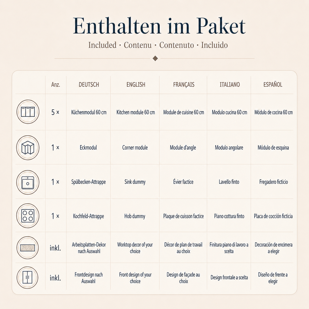 Pappküche 240 × 180 cm in L-Form – Anwendungsbeispiel im Home Staging