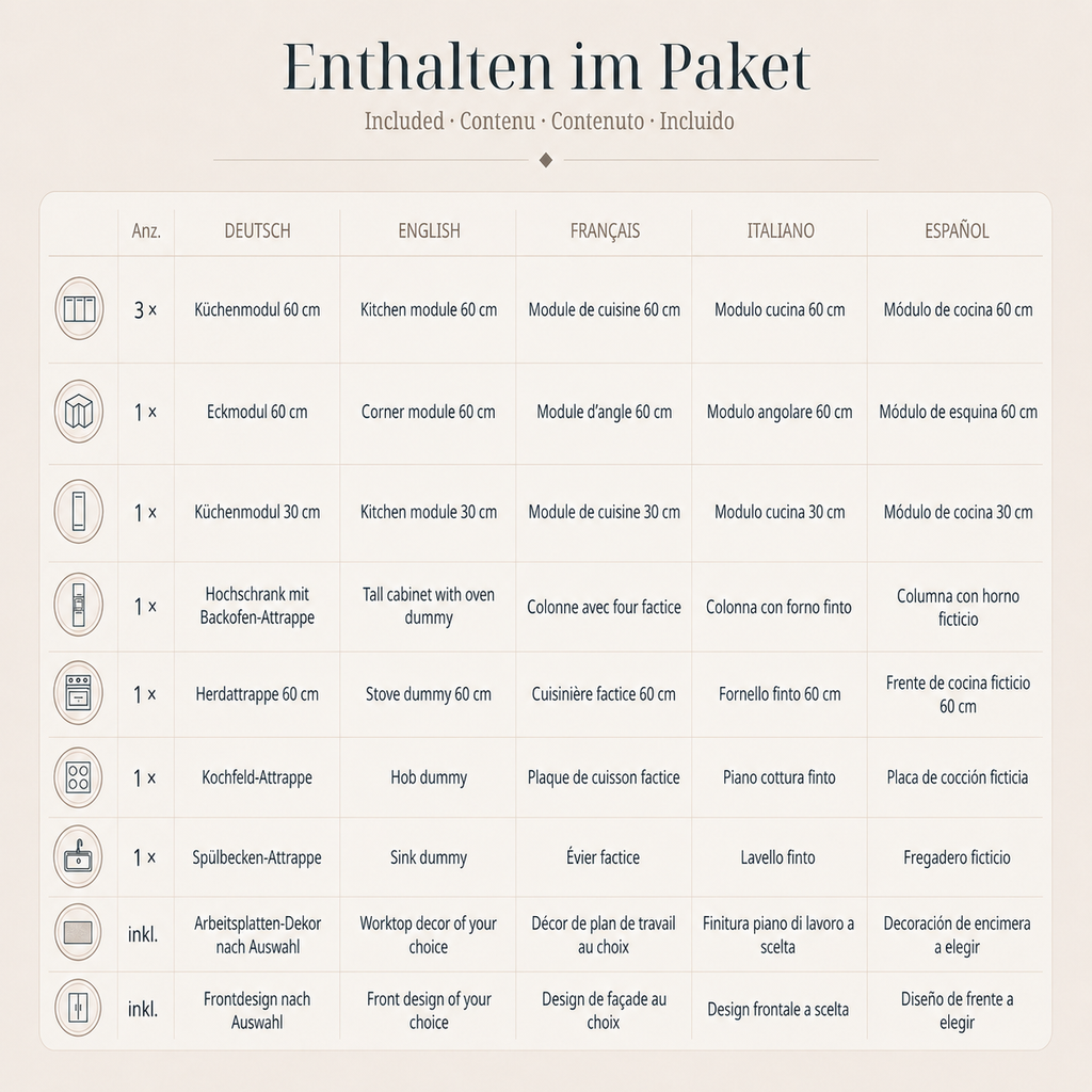Pappküche 270 × 180 cm mit Hochschrank und Herd – Anwendungsbeispiel im Home Staging