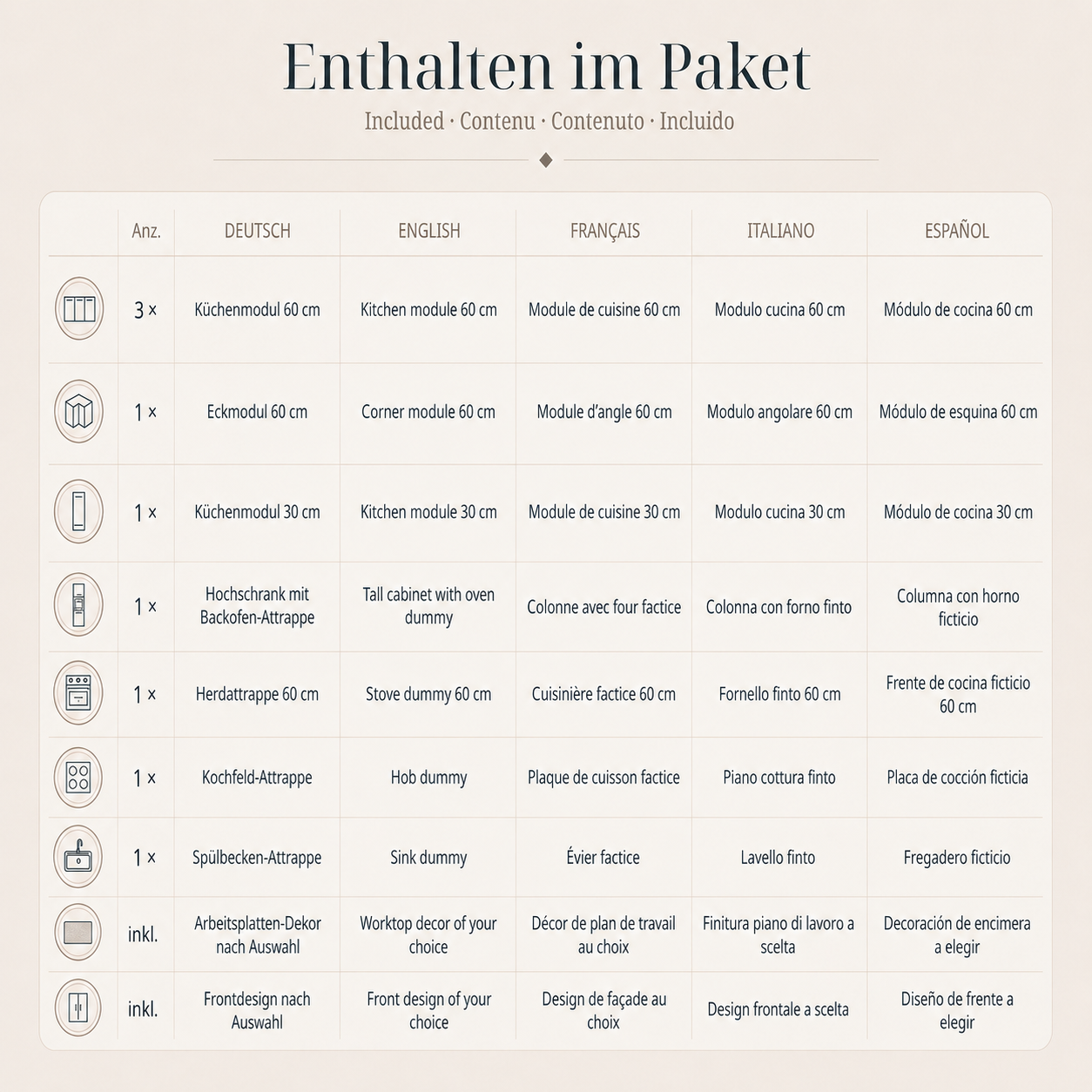 Pappküche 270 × 180 cm mit Hochschrank und Herd – Anwendungsbeispiel im Home Staging