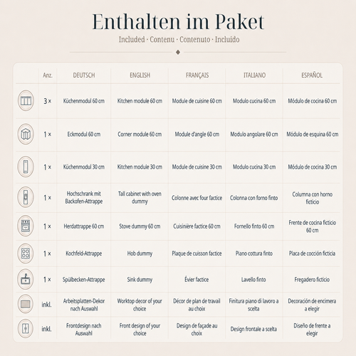 Pappküche 270 × 180 cm mit Hochschrank und Herd – Anwendungsbeispiel im Home Staging