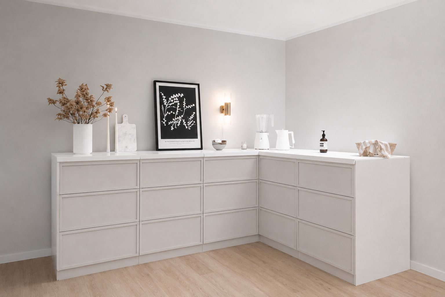 Pappküche 240 × 180 cm in L-Form für Home Staging